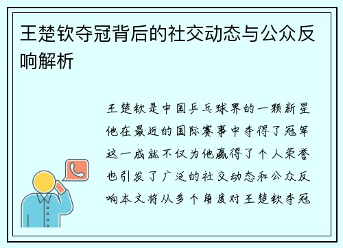 王楚钦夺冠背后的社交动态与公众反响解析